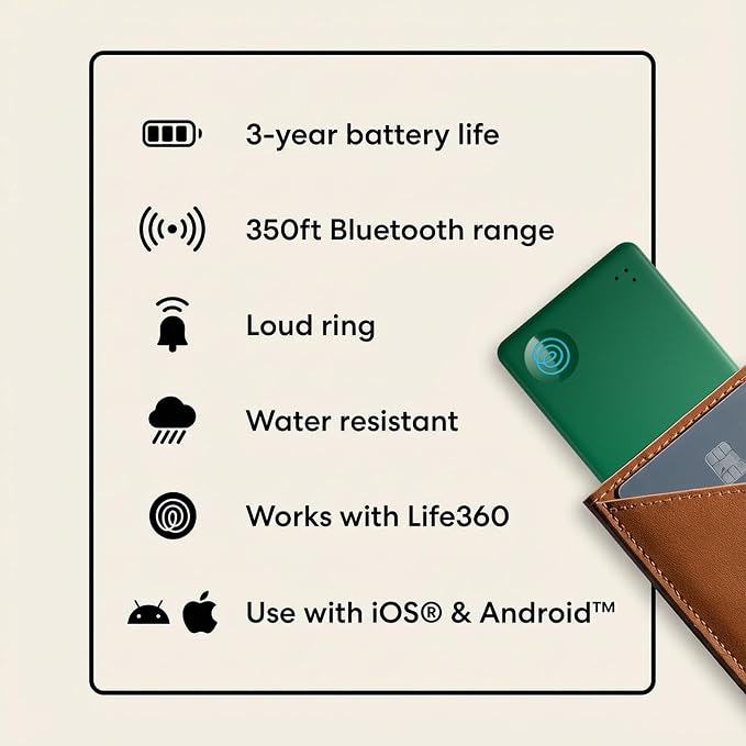 Life360 Tile Slim - Wallet Finder, Bluetooth Tracker and Item Locator for Luggage Tags, Passports and More. Both iOS and Android Compatible. Phone Finder. 1-Pack (Green Surf) - Image 8