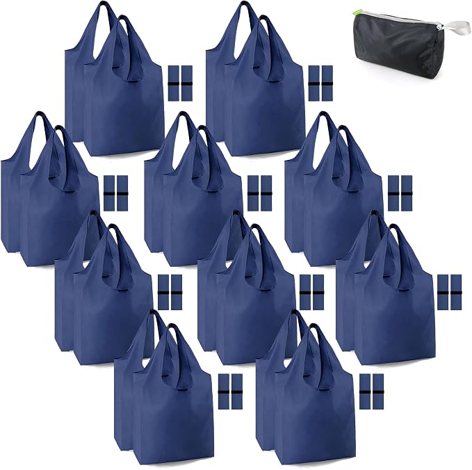 BeeGreen 20 Pack Navy Blue Reusable Grocery Bags with Storage Pouch Wholesale Reusable Shopping Bags Bulk w Elastic Band 50LBS X-Large Foldable Tote Bags Machine Washable-Heavy Duty Cloth Bags by BeeGreen