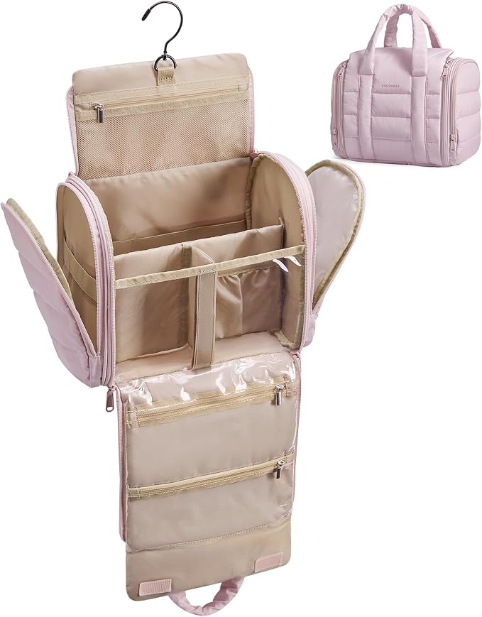 BAGSMART Makeup Bag Toiletry Bag, Cosmetic Bag for Travel,Medium, Nude Pink | Travel Accessories Removable Partition, Puffy Water-resistant Fabric, Hanging Makeup Bag For Full Sized Toiletries by BAGSMART