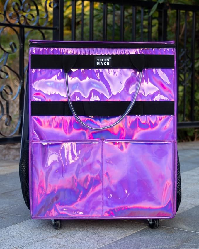 Reusable Grocery Bag with Wheels, Large Glitter Purple Rolling Tote - Image 3