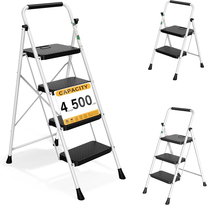 Arbusb Step Ladder, Folding Step Stool with Wide Anti-Slip Pedals, Sturdy Steel Ladder with Handrail, Space-Saving, Portable for Home & Adults, 4 Step White by ArbusbHome