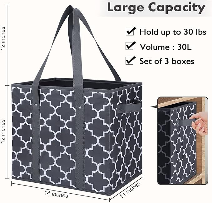 Reusable Grocery Bags 6Pack Foldable Washable Large Storage Bins, Dark Grey | Water Resistant Shopping Tote Bag Bins - Image 3