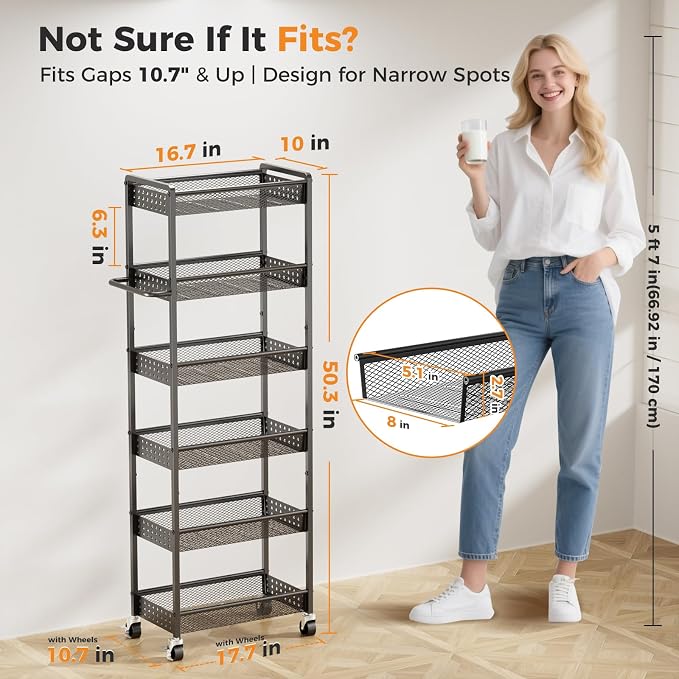 6 Tier Slim Storage Cart with Wheels, 10" D Rolling Storage Cart for Small Space, Metal Narrow Spice Cabinet Mobile Shelving Unit Organizer with Handle for Kitchen, Laundry - Black - Image 2