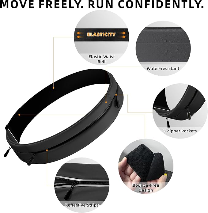 Running Belt for Men Women, Water-resistant Fanny Pack with 3 Zipper Pockets & Reflective Safety Strips, Adjustable Waist Pack Jogging Pouch for Phone, Keys & Essentials (Black, Small) - Image 7