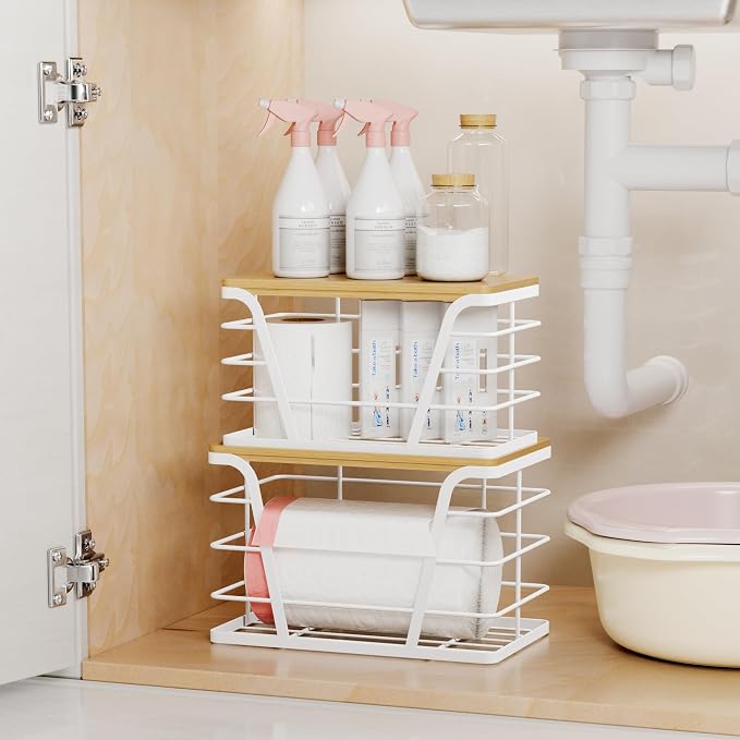 TIDIIABODE 2 Pack Stackable Laundry Room Organization and Storage, Laundry Room Decor and Accessories, Trash Bag Holder with Bamboo Top and Garbage Bag Dispenser, White - Image 5