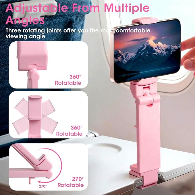 Airplane Phone Holder, Foldable Phone Holder for Airplane Seat Back Luggage Pole Desk 360° Rotation for Multi-Directional Viewing, Travel Essentials Holds Cell Phones (Pink 1pcs) - Image 4