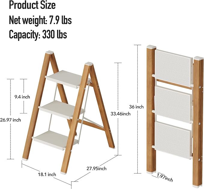 Mayi Plus 3 Step Stool Foldable, Aluminum, Lightweight Step Ladder | Extra-wide anti-slip folding steps with 330 lbs, for home,kitchen,office,outdoor,White & Woodgrain. - Image 8