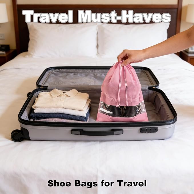 20 Pack Shoe Bags for Travel, 17" x 12.6" Drawstring Shoe Organizers with Clear Window, Breathable Non-Woven Dustproof Pouches for Luggage & Closet (Pink) - Image 4