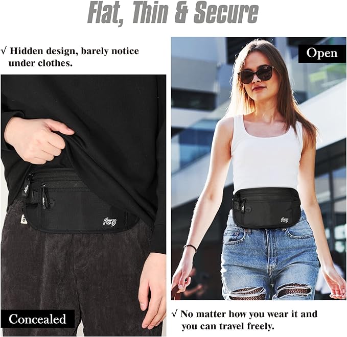 MoKo Travel Money Belt with RFID Blocking, Hidden Passport Wallet, Black | Ultra-thin money belt has moisture-wicking backing and an adjustable strap for 24-38 in waists; fits under clothing. - Image 4
