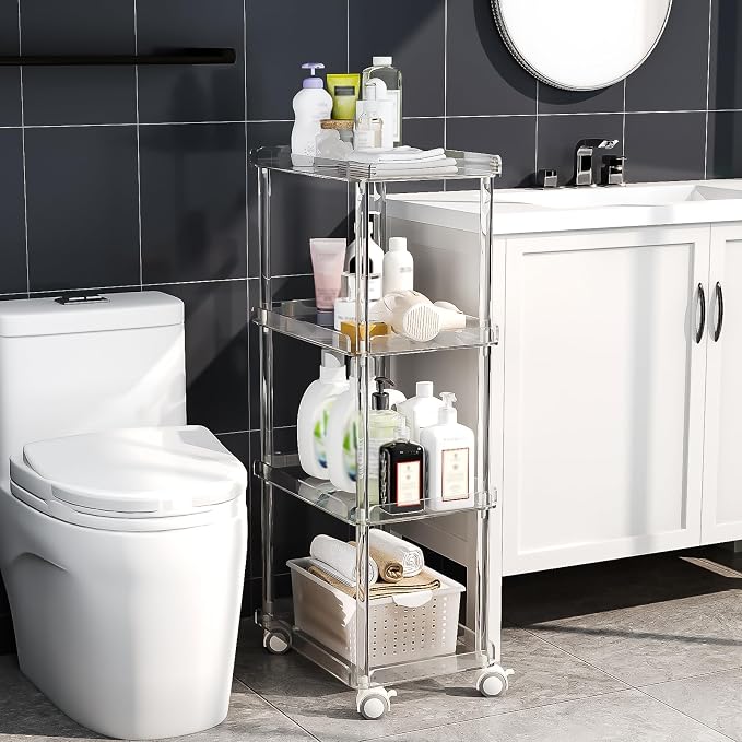 AQUIVER Acrylic Slim Storage Cart - 4 Tiers Narrow Rolling Cart - Utility Cart for Kitchen, Bathroom, Living Room, Laundry - 15.6 '' L x 10.2 '' W x 33.9 '' H - Image 5