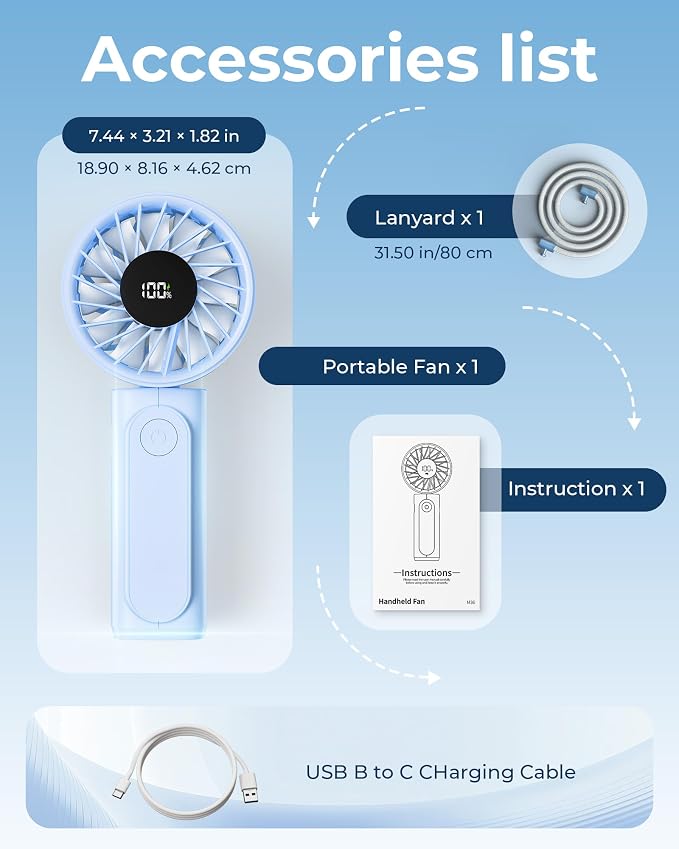 Peiyuu Portable Fan, 4000mAh Rechargeable, 180° Foldable Mini Desk Fan with 6 Wind Speed, LCD Digital Display, Lanyard as Neck Fan, Ultra Quiet, Pocket Size for Indoor Outdoor - Image 8