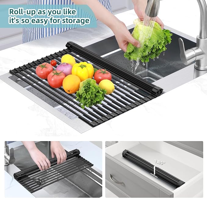 Ohuhu Over The Sink Dish Drainer Drying Rack, 17.6" W x 15.4" L Roll Up Dish Racks Kitchen Sink Organizer Silicone Wrapped Large in Sink Dish Drying Rack Foldable Rolling Drain Mats Anti-Slip - Image 6