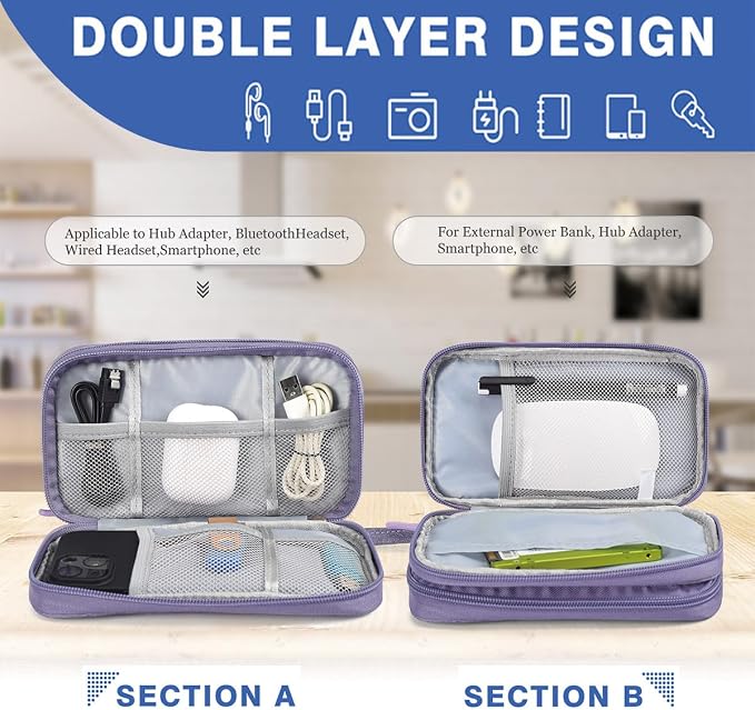 CAAORDKSO Cord Organizer Bag, Travel Cable Organizer Case Waterproof Accessories Pouch with Handle, Travel Electronic Carrying Bag for Cable, Cord, Charger, Phone, Power Bank, Earphone(Purple, Medium) - Image 4