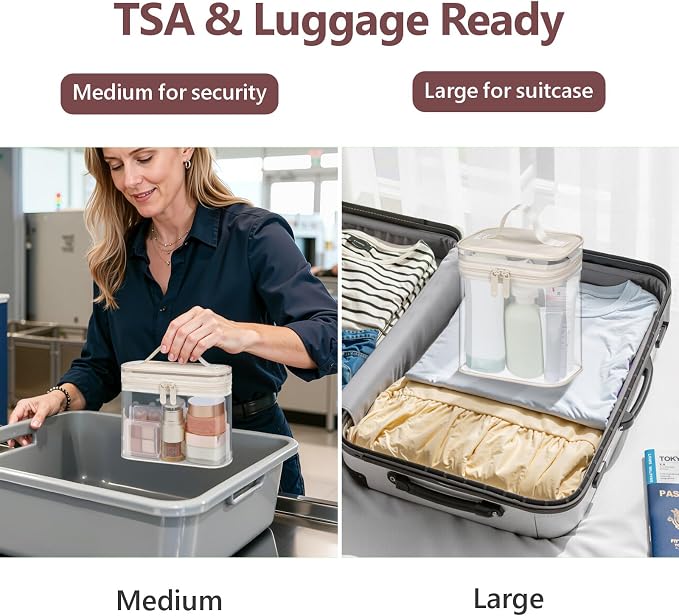 Clear Makeup Bag for Travel - TSA Approved Toiletry Bag, 2 Beige | 1 Medium Quart Carry-On & 1 Large Checked-Luggage, Top Handle, Double Metal Zippers, 180° Opening, Clear Easy-Check, Women - Image 2