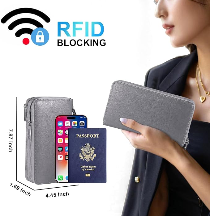 RFID Blocking Cellphone Wristlet Bag for Women Dual Zipper Travel Purse Large Capacity 17 Card Holder Ladies Phone Clutch with Removable Strap, Grey - Image 2