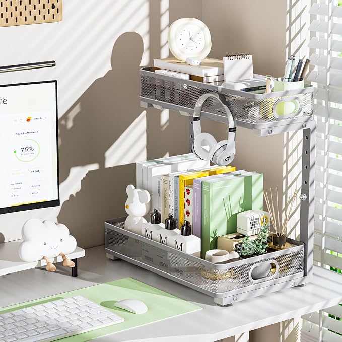 Under Sink Organizer 2 Pack, High Adjustable 2 Tier Under Sink Organizers and Storage, Slide out Metal Cabinet Organizers, Pull out Storage Drawer Shelf for Kitchen Bathroom Cabinet (Gray) - Image 9