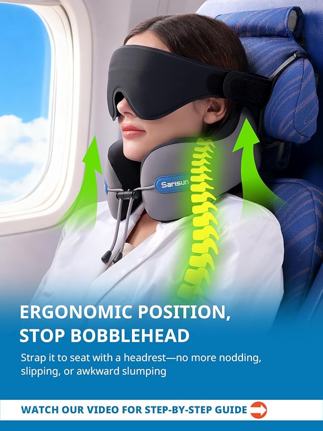 SARISUN Travel Pillow for Airplane,Seat Strap for Neck Support,3D Eye Mask | Airplane Neck Pillow, Memory Foam, Ergonomic Comfort Head Neck Chin Support for Flights,Car Road Trip Travel Essentials Pink - Image 3
