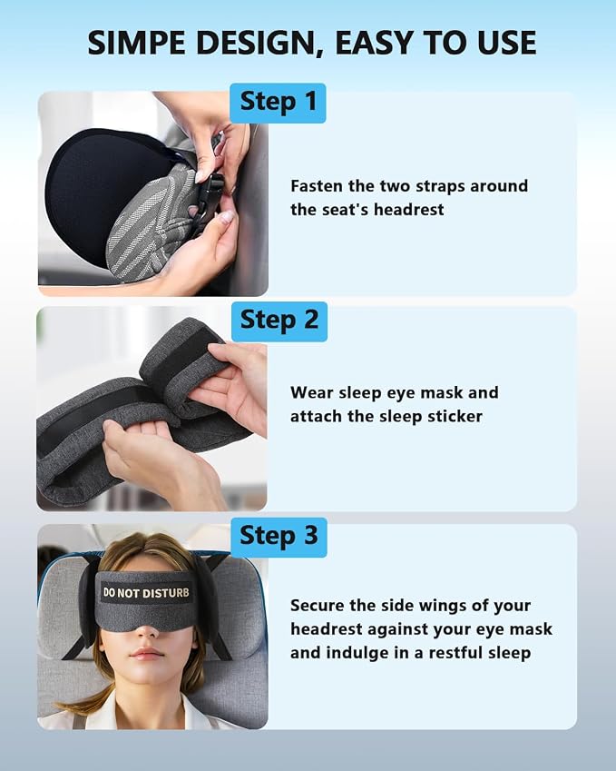 Travel Pillows for Airplanes, Plane Pillow with Eye Mask for Long Flights Sleeping, 360° Support Airplane Head Strap Compact Flight Essentials for Travel Sleep Neck Upright, Stop Head Bobbing (Grey) - Image 5