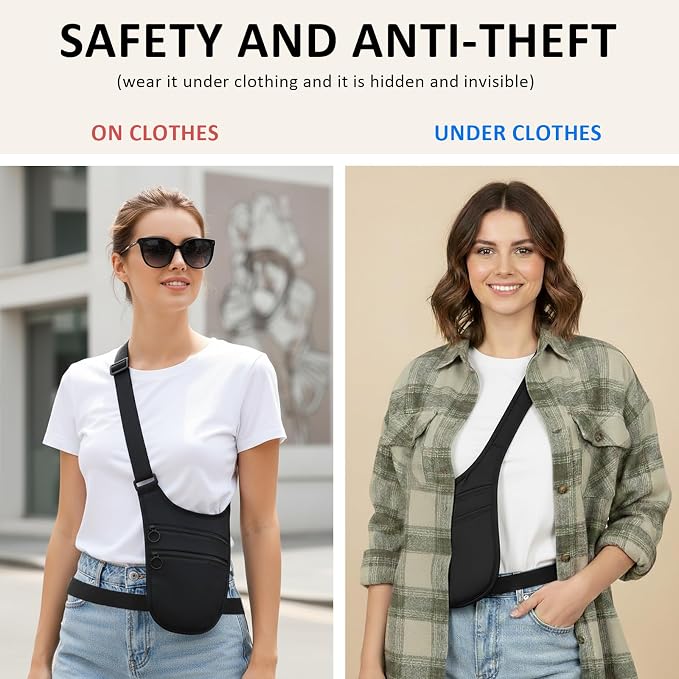Money Belt for Travel Anti-Theft Crossbody Passport Holder for Women Men Hidden Slim Neck Wallet Under Clothes (Black) - Image 4