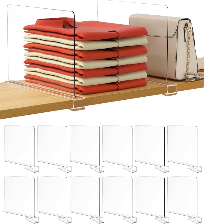 HBlife 12 Pcs Clear Acrylic Shelf Dividers, Vertical Purse Organizer for Closet Perfect for Sweater, Shirts, Handbags in Bedroom and Kitchen, Closet Separators for Organization Cabinet by HBlife