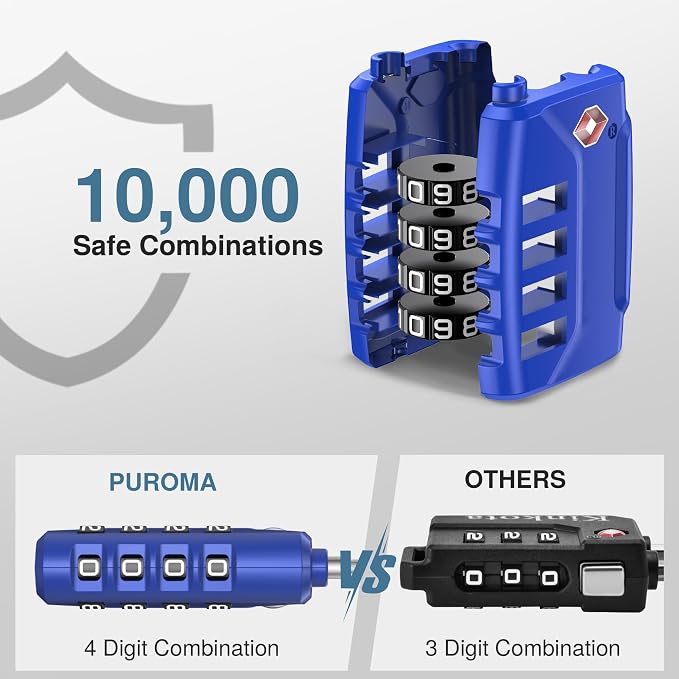 Puroma 4 Pack TSA Approved Luggage Locks 4 Digit Code Cable Lock 4 Color | Resettable, Flexible Cable, Zipper holes, Zinc Alloy, Bright Color, Large White Numbers, Suitcase Train Travel, laptop bag - Image 3