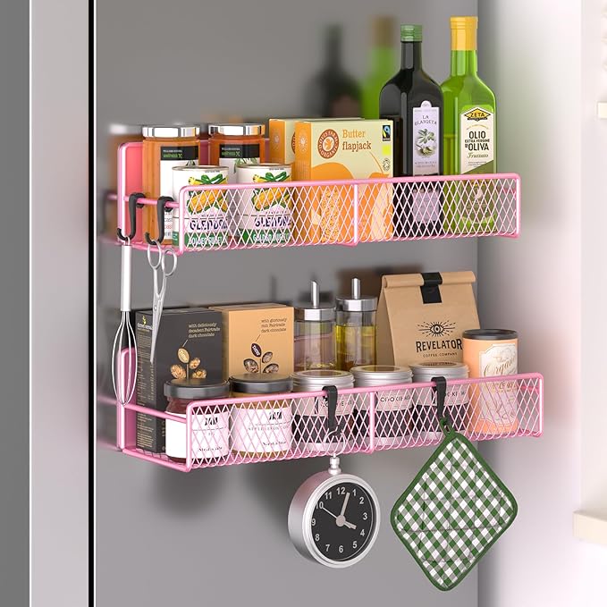 Magnetic Spice Rack for Refrigerator, 2 Pack Metal Magnetic Shelf Pink, Moveable Spice Organizer with Hooks, Super Magnetic Fridge Shelf for Kitchen Organization and Storage by DTUQYX