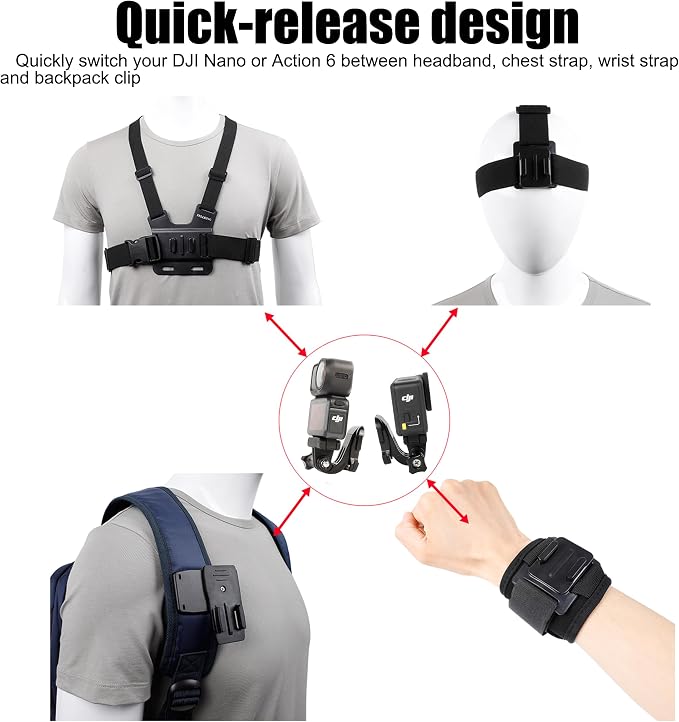 PellKing Magnetic Quick Release Vlog Mount Kit (Chest Harness,Head Mount,Wrist Strap, Backpack Clip) for DJI Osmo Action 6/Osmo Nano, 4-in-1 First Person POV Hands-Free Recording Accessory - Image 4