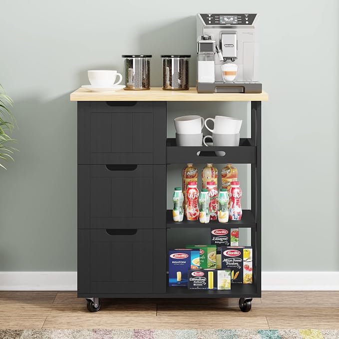 Shintenchi Kitchen Island Cart with Storage,Rolling Kitchen Island Storage Cabinet,Side Table on Wheels with Worktop,3 Open Shelves and 3 Drawers for Kitchen,Dinning Room, Black - Image 6