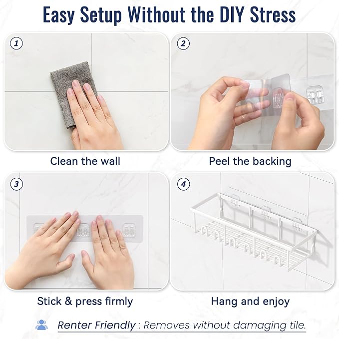 8 Pack Adhesive Rustproof Shower Caddy with Soap Dishes, Toothbrush Holder & Hooks, Large Capacity No-Drilling Shower Shelves Rack for Bathroom Organizers and Storage Accessories, White - Image 6