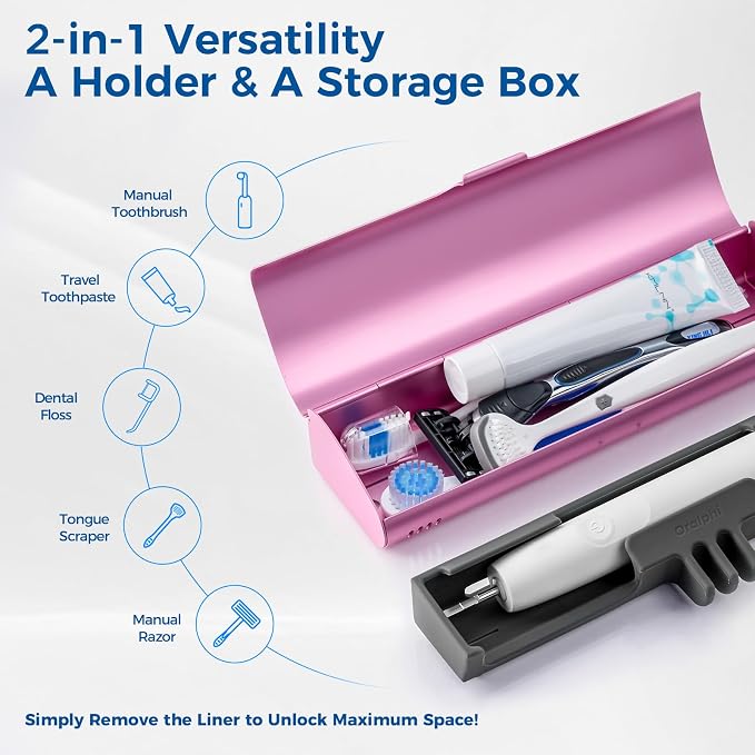 Aluminum Electric Toothbrush Travel Case, 2 in 1 Travel Toothbrush Holder for Oral B/Oral-B Pro 1000 1500 5000 and Most Electric Toothbrush for Traveling, Removable Silicone Liner-Pink - Image 5