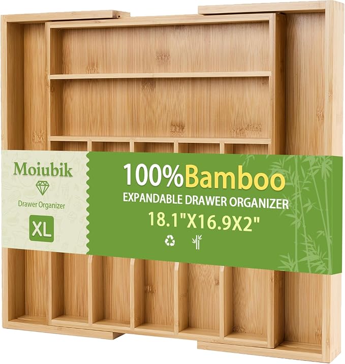 Bamboo Expandable Silverware Drawer Organizer, Adjustable Utensil Tray Cutlery Holder for Kitchen Drawer, Flatware Storage Organizer for Spoons, Forks and Knives, Natural (9 Slot,) by Moiubik