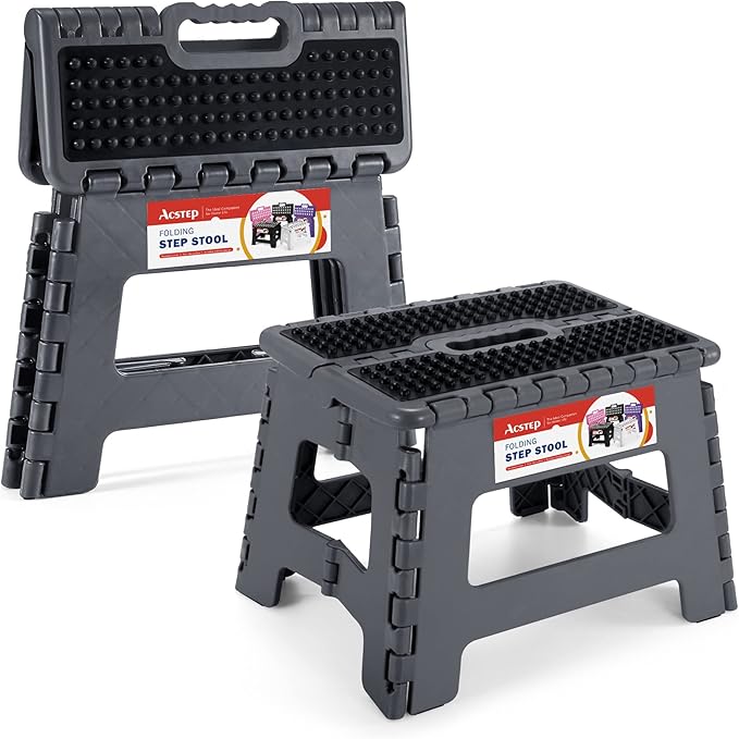 Folding Step Stool 9 inch Height Non-Slip Plastic Step Stools for Kids and Adults, Kitchen Collapsible Fold Up Small Stepping Stool Grey,1 Pack | Portable Foldable Stools, Heavy Duty Collapsible Foot Stool, Holds 300 lb for Adults Kitchen Bathroom Outd... by ACSTEP