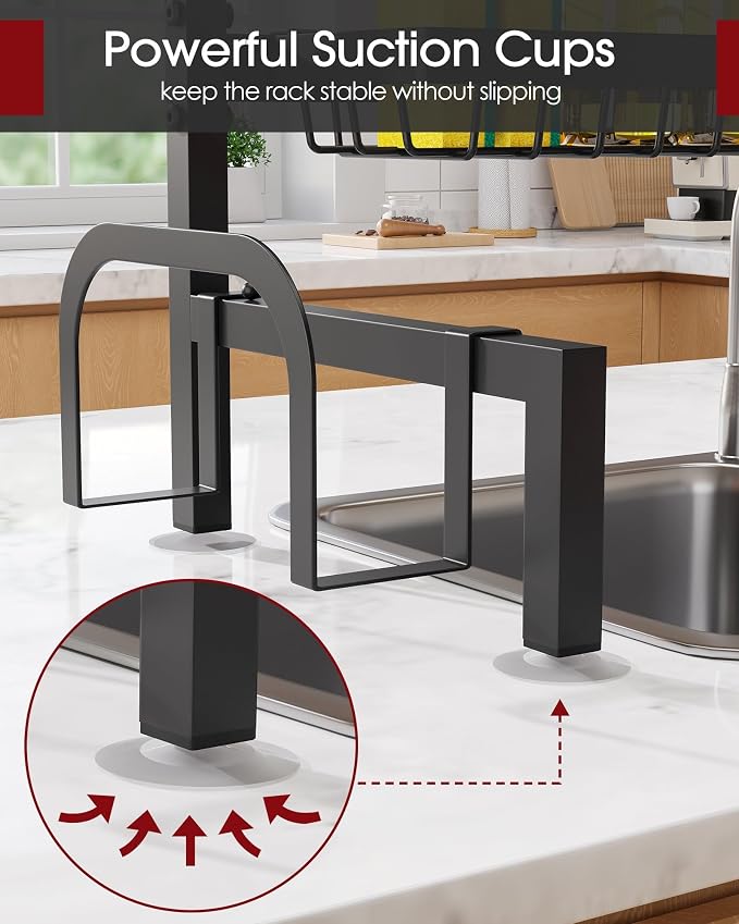 Sakugi Over The Sink Dish Drying Rack - Adjustable 2 Tier Large Capacity Stainless Steel Drainer with Cutlery & Utensil Holders, Kitchen Storage & Organization, 30"-33.9" L x 11" W x 21.5" H, Black - Image 5