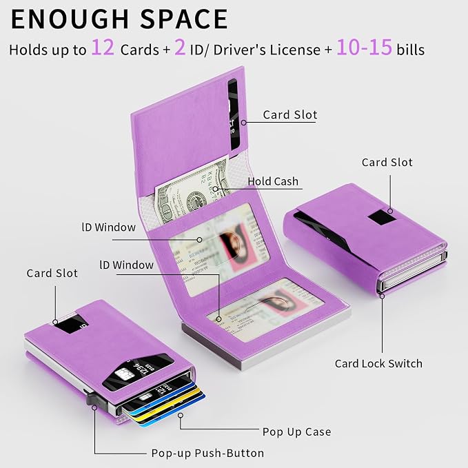 RFID Wallet Women: Stylish Security Metal Wallet for 10-12 Cards & 2 ID Windows - Smart Pop-Up Credit Card Holder & Cash Slot in Compact Trifold Design,Gift for Her(Purple) - Image 3