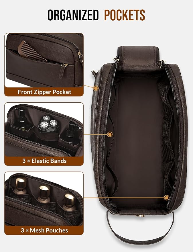 PU Leather Toiletry Bag for Men - Water Resistant Travel Bag for Toiletries, Bathroom Essentials, Accessories - Dark Brown - Image 3