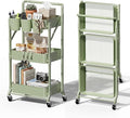 Foldable 3 Tier Rolling Cart, Metal Utility Cart with Wheels | Collapsible Rolling Storage Cart with 3 Hanging Cups, Folding Storage Trolley Organizer Cart for Home Office Kitchen(Green) by Johgee