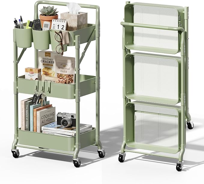 Foldable 3 Tier Rolling Cart, Metal Utility Cart with Wheels | Collapsible Rolling Storage Cart with 3 Hanging Cups, Folding Storage Trolley Organizer Cart for Home Office Kitchen(Green) by Johgee
