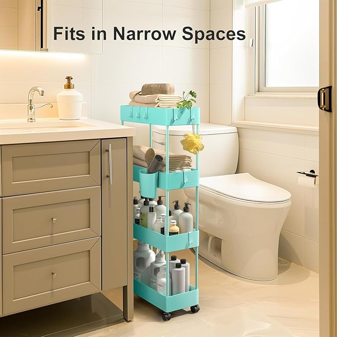 Pipishell 4 Tier Slim Storage Cart with Wheels, Laundry Cart, Turquoise | 7.1 Inches Wide – Fits Narrow Spaces, Storage Cup and 6 Hooks, Ventilation Holes, Durable ABS Material, Detachable Wheels - Image 3