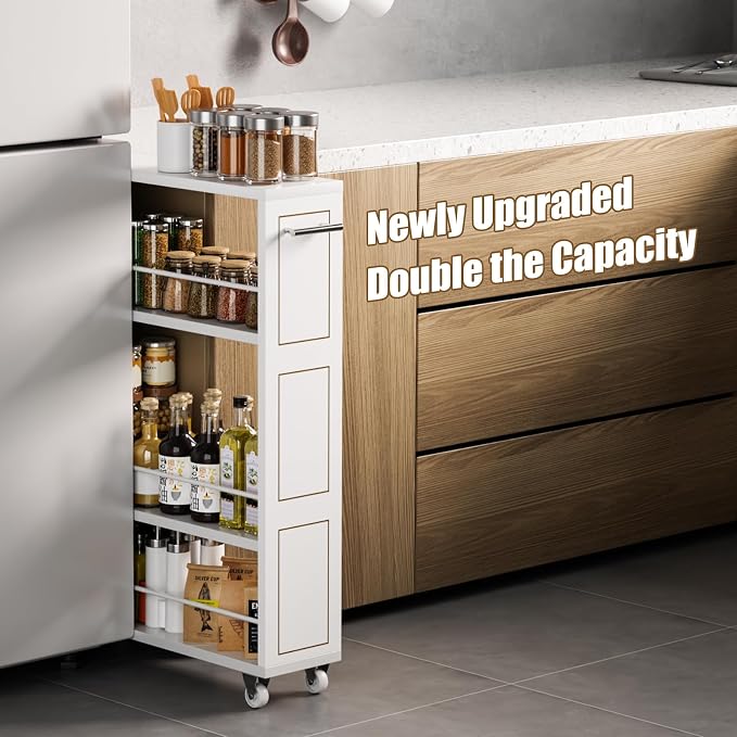 KLM 4 Tier White Slim Storage Cart with Handle, Slide Out Storage Rolling Utility Cart for Kitchen, Laundry, Narrow Places-6.7" W - Image 2