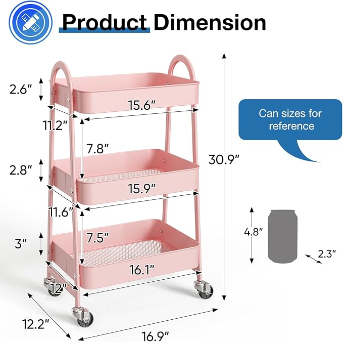 OLIXIS Metal 3 Tiers Rolling Storage Utility Cart with Lockable Wheels | Mobile Organizer Shelf, Space-Saving, Freestanding, Bathroom, Living Room, Slim, Narrow Corner Spaces, Pink - Image 7