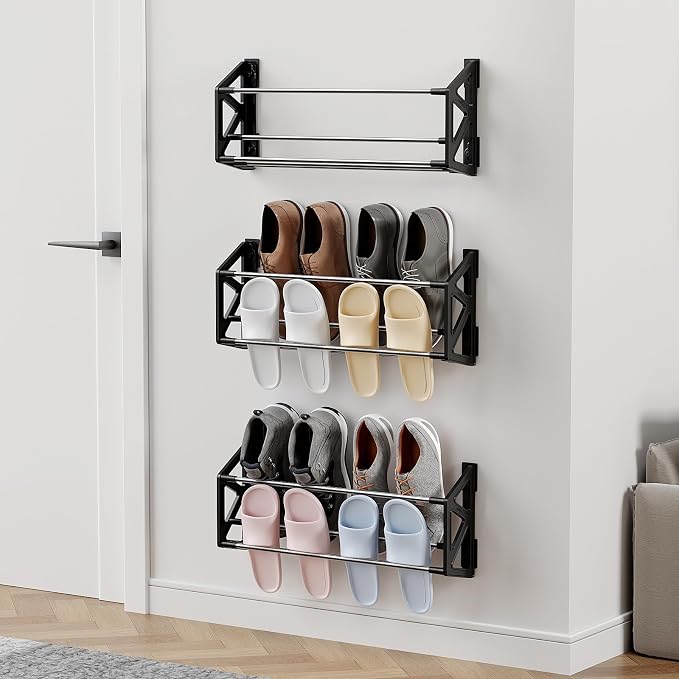 3 Pack Wall Mounted Shoe Rack, No Drill Adhesive & Screw 2-in-1 Holds 12 Pairs, Space-Saving Vertical Storage for Entryway, Bathroom & Kitchen, Renter Friendly Fits Tile Marble Glass Wood Wall (Black) by DEYILIAN