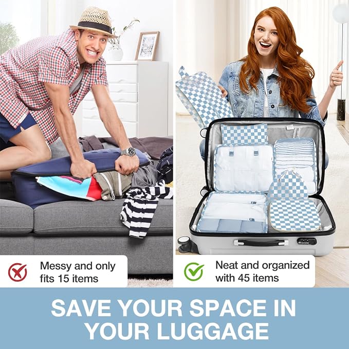8 Set Packing Cubes for Suitcases, Packing Cube with Shoe, Cosmetics, Clothing, Accessories Bags Packing Cubes for Travel Luggage Organizer Women Men(Blue Checkered) - Image 6
