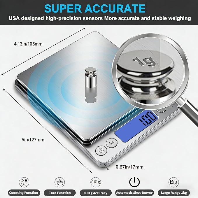 Digital Gram Scale 1000g/0.01g, Scale for Food Ounces and Grams, Upgrade USB Charging Kitchen Scale Digital Weight for Cooking, Baking, Tare Function, 9 Units, 2 Tray - Image 3
