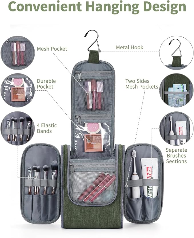 Narwey Small Hanging Travel Toiletry Bag Cosmetic Make up Organizer for Women and Men (Medium, Army Green) - Image 2