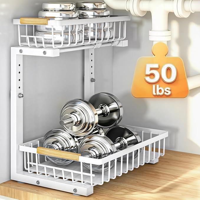 Under Sink Organizer, White 2 Pack Height Adjustable | 2 Tier Pull Out Drawer, Under Sink Organizers and Storage, Cabinet Storage for Kitchen Bathroom - Image 7