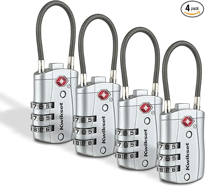 Kwikset TSA Approved Combination Luggage Lock with Cable, 4-Pack, Silver | Four Cable Locks for Suitcases, Duffels and Backpacks; Resettable Code, 1-3/16 in Body, Inspectors Can Relock by Unknown