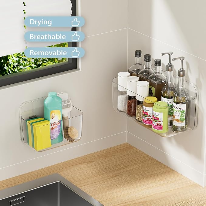 ZEXALOR Wall Mounted Storage Organizer Bins Organizing Shelf Basket Clear Plastic Makeup Organizer Adhesive Hanging Bin Fridge Organizer for Bathroom,Kitchen,Cabinet,Pantry,Countertops (XL+L) - Image 2