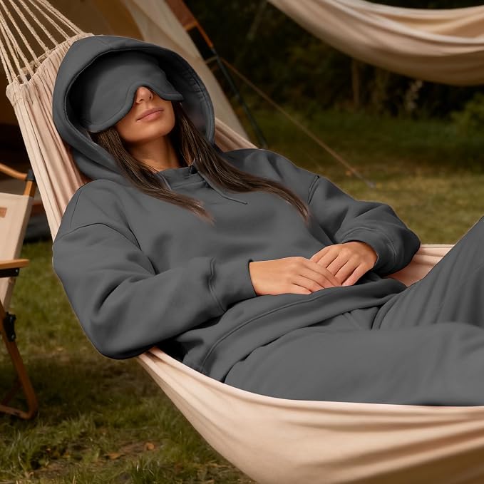 Ainangua Womens Oversized Pullover Essentials Hoodie with Eye Mask Comfor Airplane Mode Travel Office Vacation Sweatshirt - Image 4