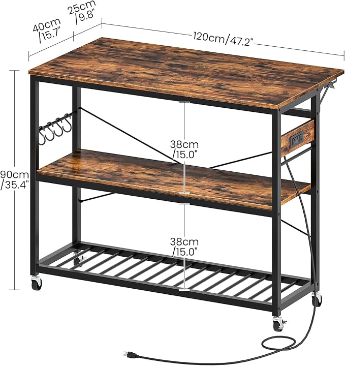 Kitchen Island with Power Outlet and Folding Top, Movable with 3-Tier Storage, Large Size, Wooden Shelves and Wine Rack, for Kitchen, Dining and Living Room, Rustic Brown and Black TZD02UBF - Image 7