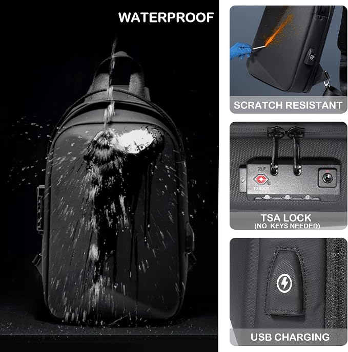 FENRUIEN Anti-Theft Crossbody Sling Backpack Bag for Men Hard Shell with USB, Shoulder Pack Lock Waterproof 10.2 inch Single Strap for Travel Hiking - Image 6